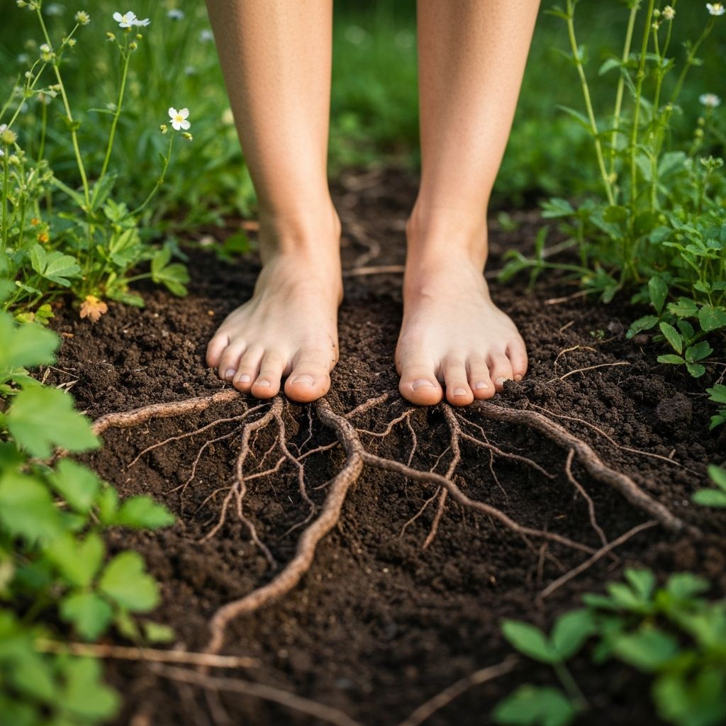 Feet grounded on earth and roots