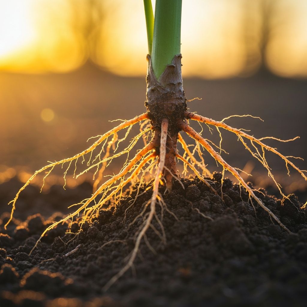Powerful root system emerging from rich soil